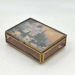 Vintage 90s Thomas Kinkade Glass & Brass Trinket Box Enesco Holiday Victorian